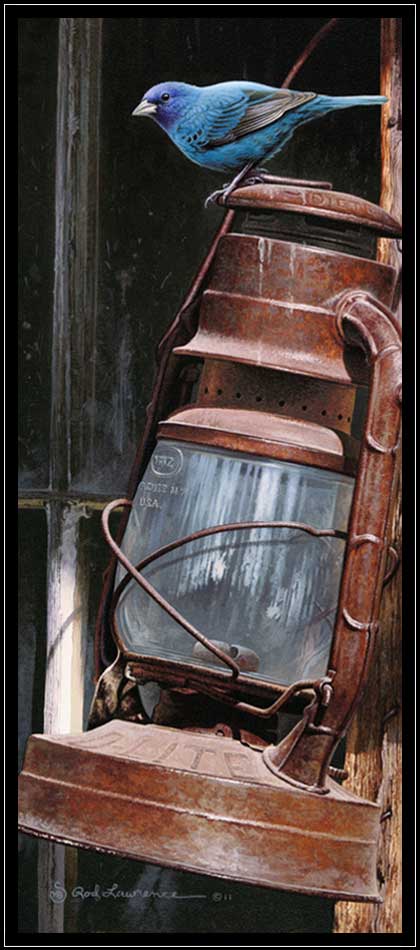 A painting of a male indigo bunting on an old rusty lantern