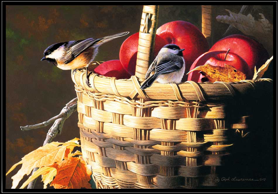 Painting of chickadees on apple basket