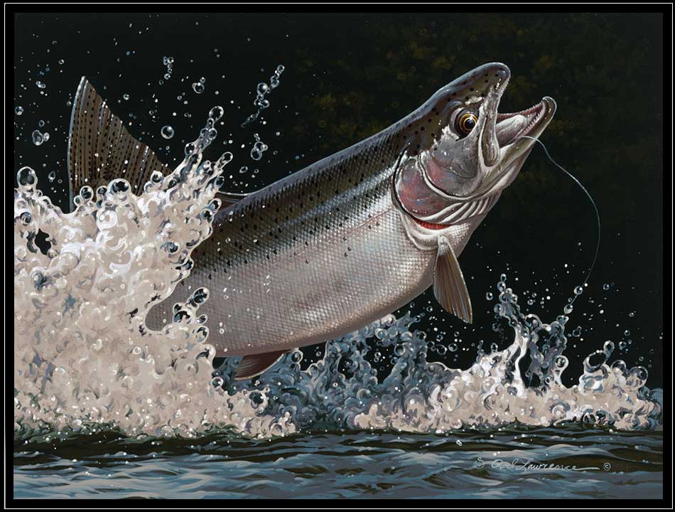 Enlarged image of a painting of two wolves in the winter moonlight