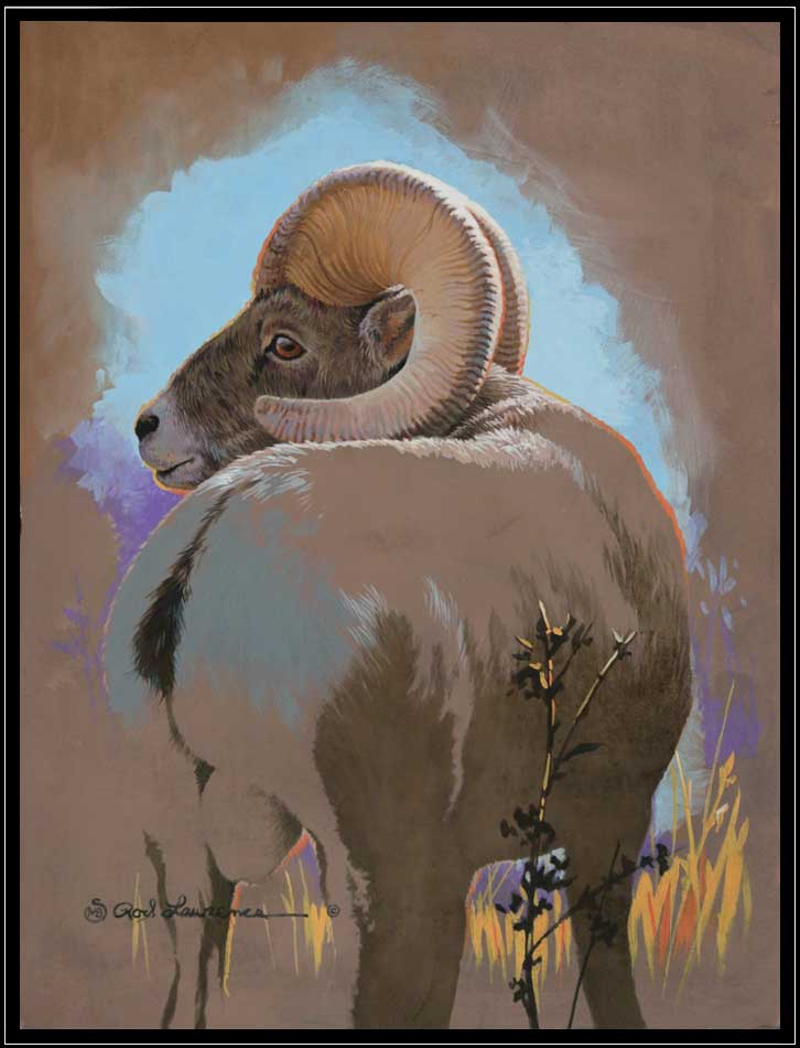 Enlarged image of a painting of two wolves in the winter moonlight