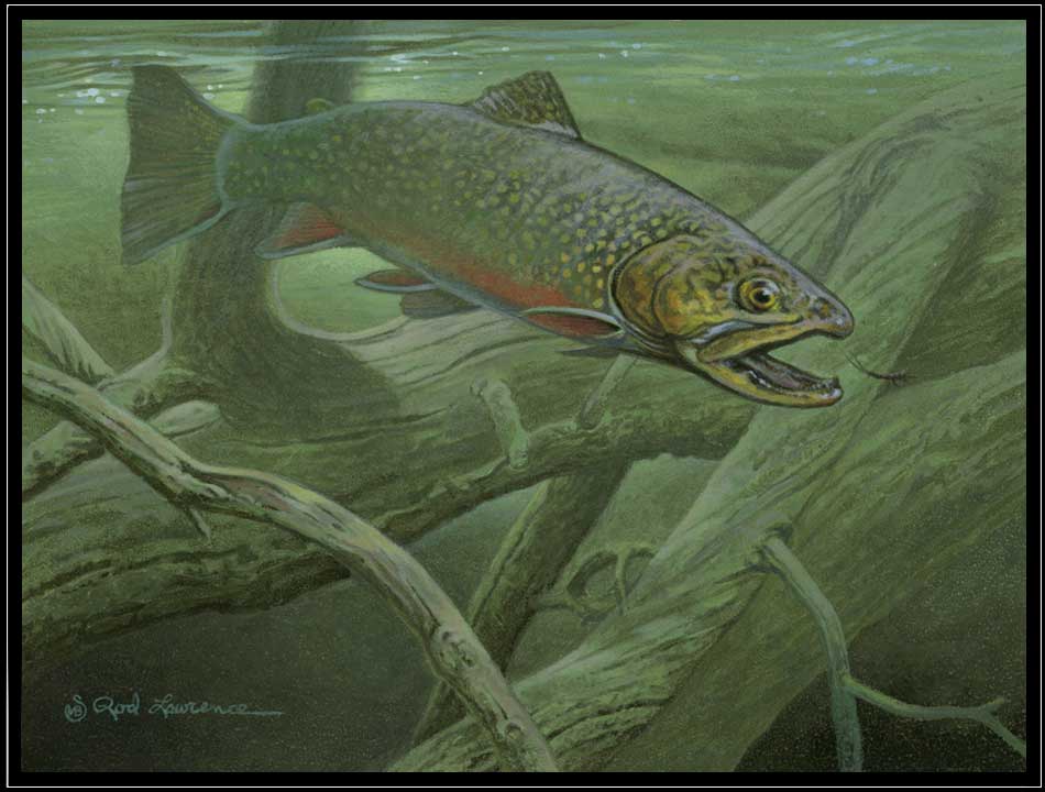 Enlarged image of a painting of two wolves in the winter moonlight