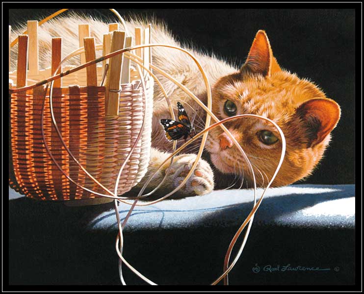 Painting of cat in sunshine with basket and butterfly
